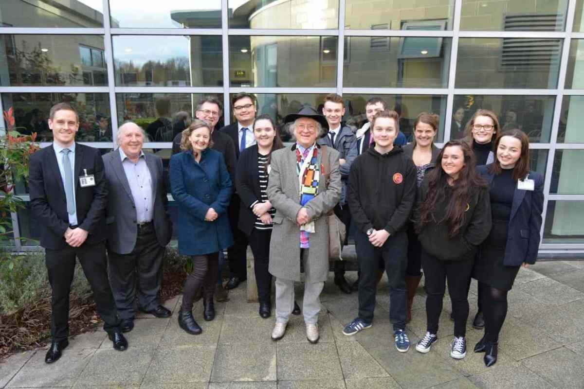Group shot of 14 people including Noddy Holder with Academy Students, Catcher Media and Mick Aylton (Noddy's school friend)
