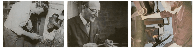 3 photos of Thomas Somerfield and Sons metal workers with awl blades and machinery