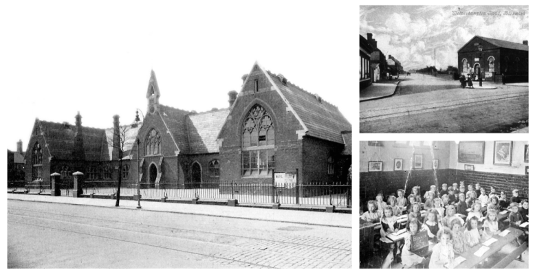 Collage of 3 B+W photos The Bloxwich National School 1931; Music Hall 1910; School children in class 1920s.